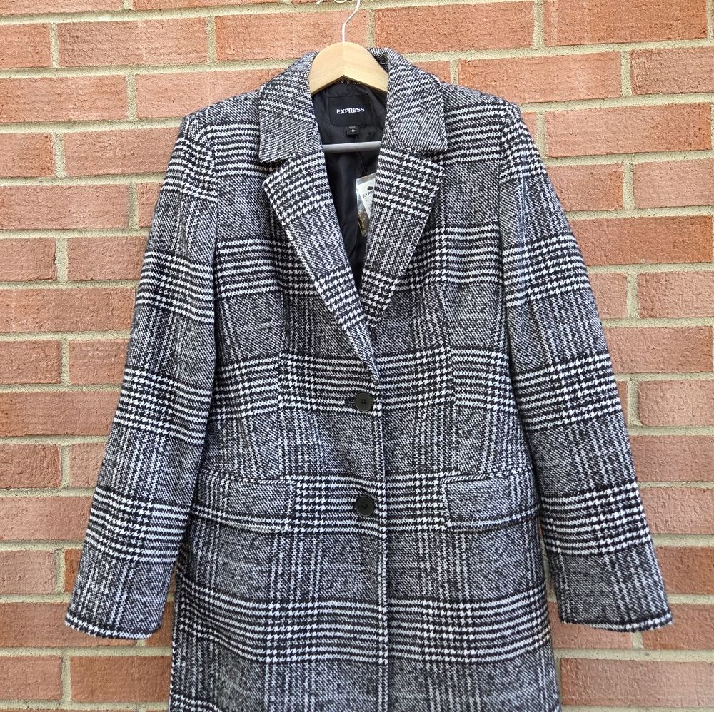 Express Plaid Houndstooth Long Winter Car Coat Size Madium Classy Feminine - Picture 3 of 9